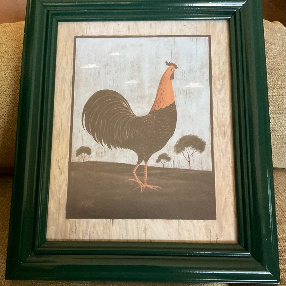 Vintage Framed Rooster Signed Art Picture, Farmhouse, Hunter Green - Picture 5 of 11